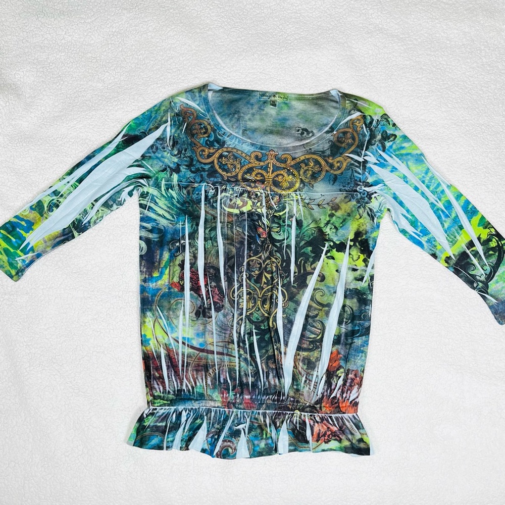 Vintage Suzie Blue and Green Artistic Colorful, Embellished Top - Size M